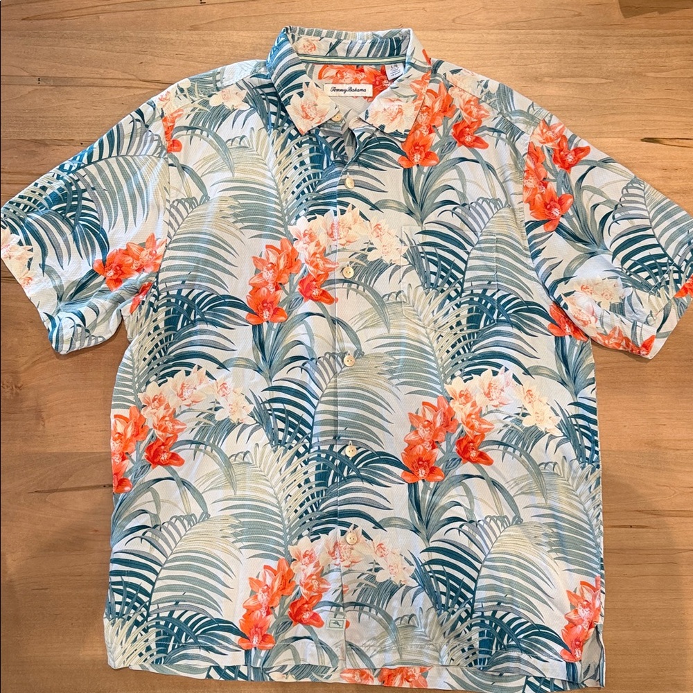 Tommy Bahama Teal and Orange Tropical silk Camp Shirt